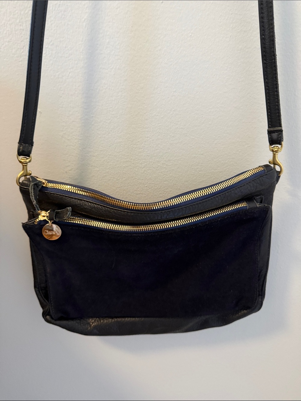 Navy Blue Leather & Suede Crossbody Bag with Gold Zippers